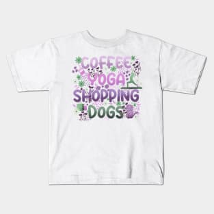 Coffee Yoga Shopping Dogs in Purple-Green Kids T-Shirt